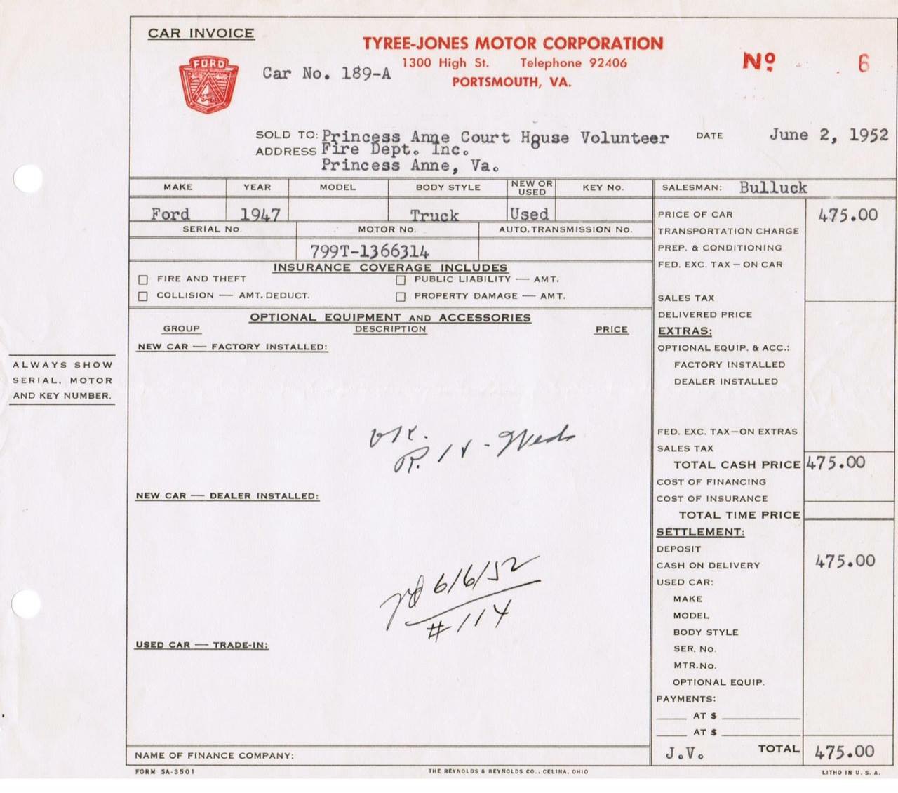 Historic 1952 Princess Anne Courthouse truck invoice