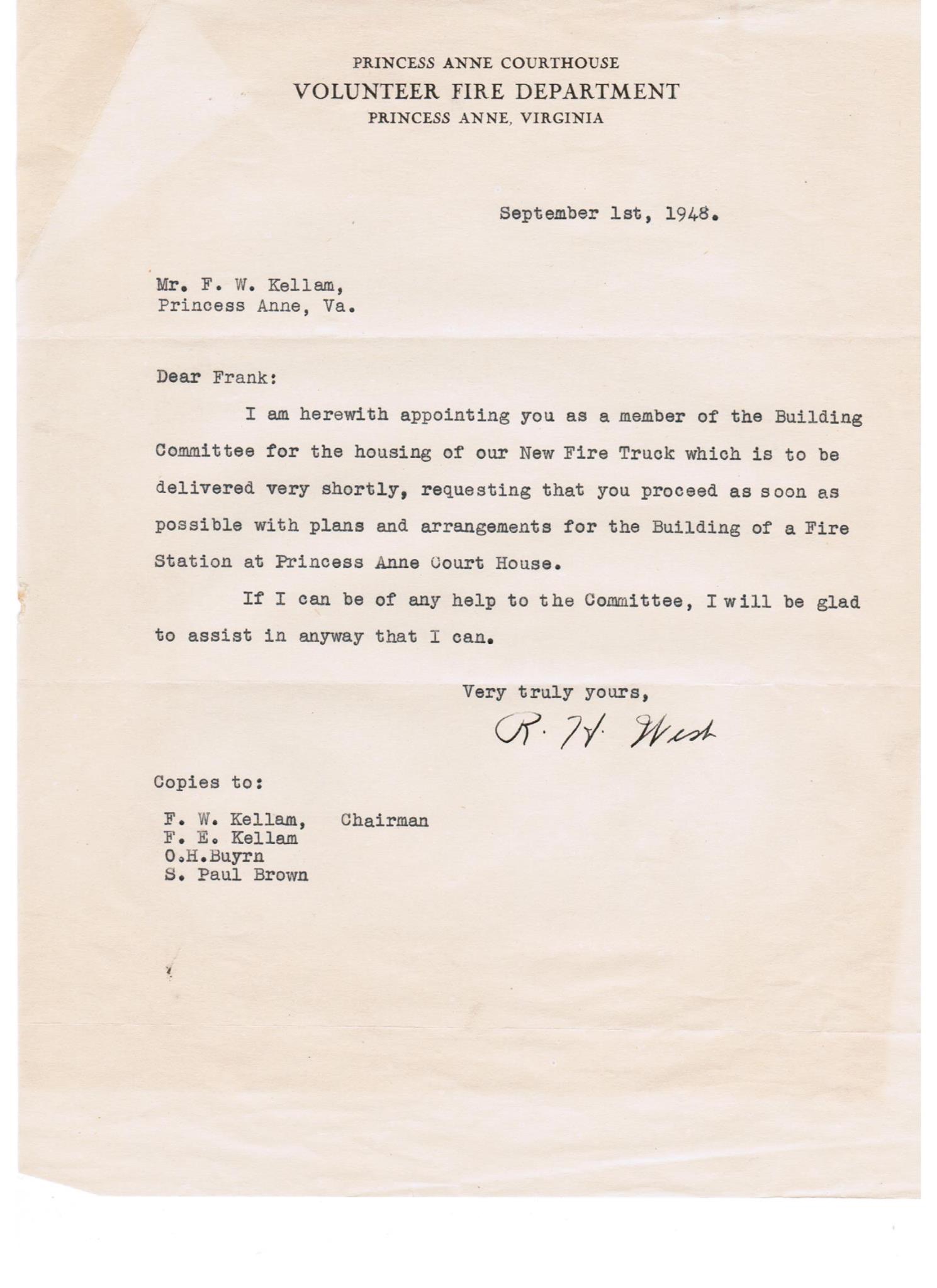 September 1 1948 Princess Anne Courthouse building committee letter