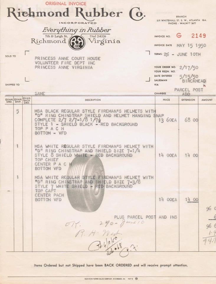 1950 Richmond Rubber Company helmet invoice
